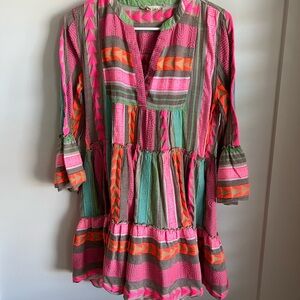 Elan Pink, Green & Orange Striped Tiered Tunic Dress